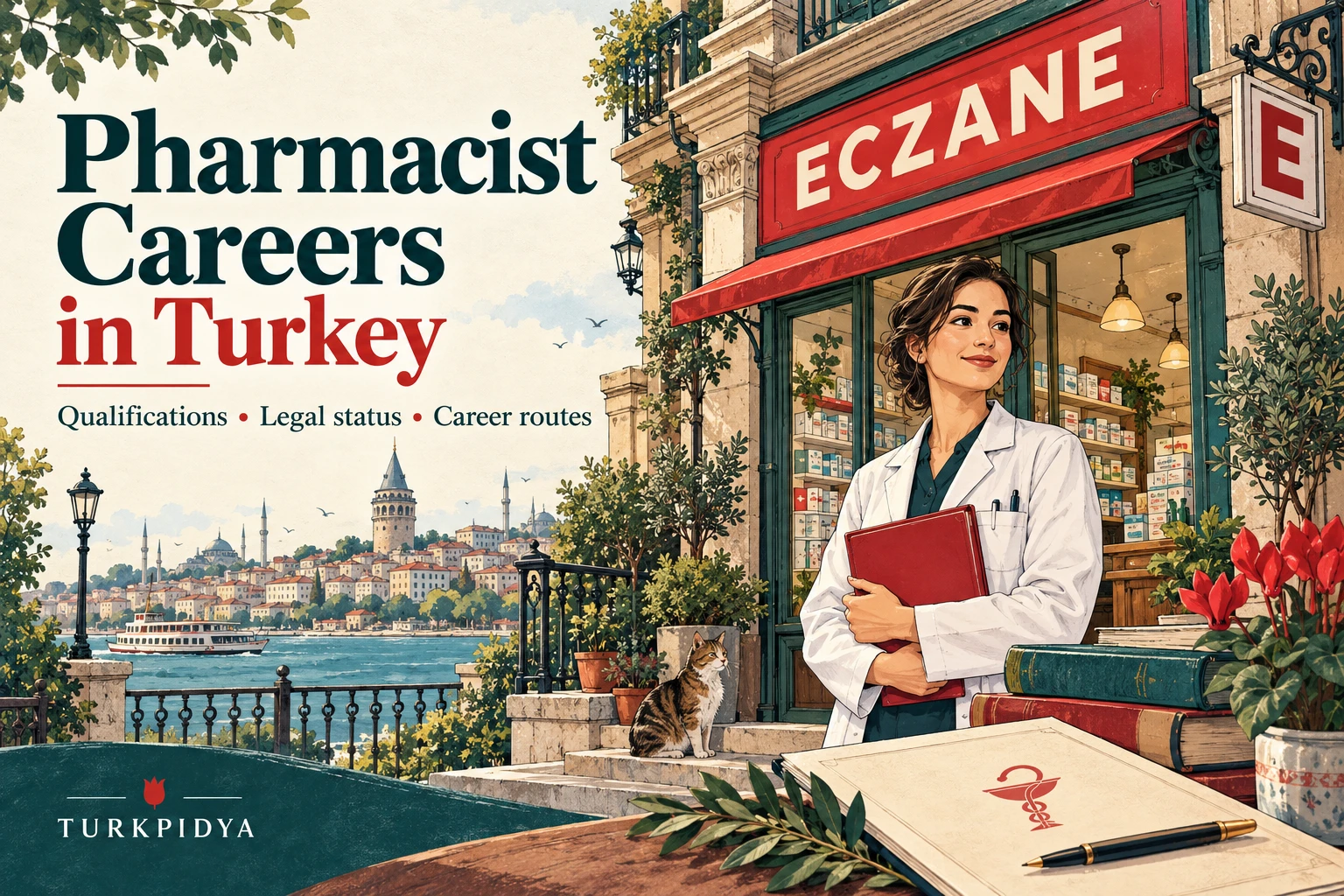 Illustrated English cover: Pharmacist Careers in Turkey; a pharmacist outside an eczane