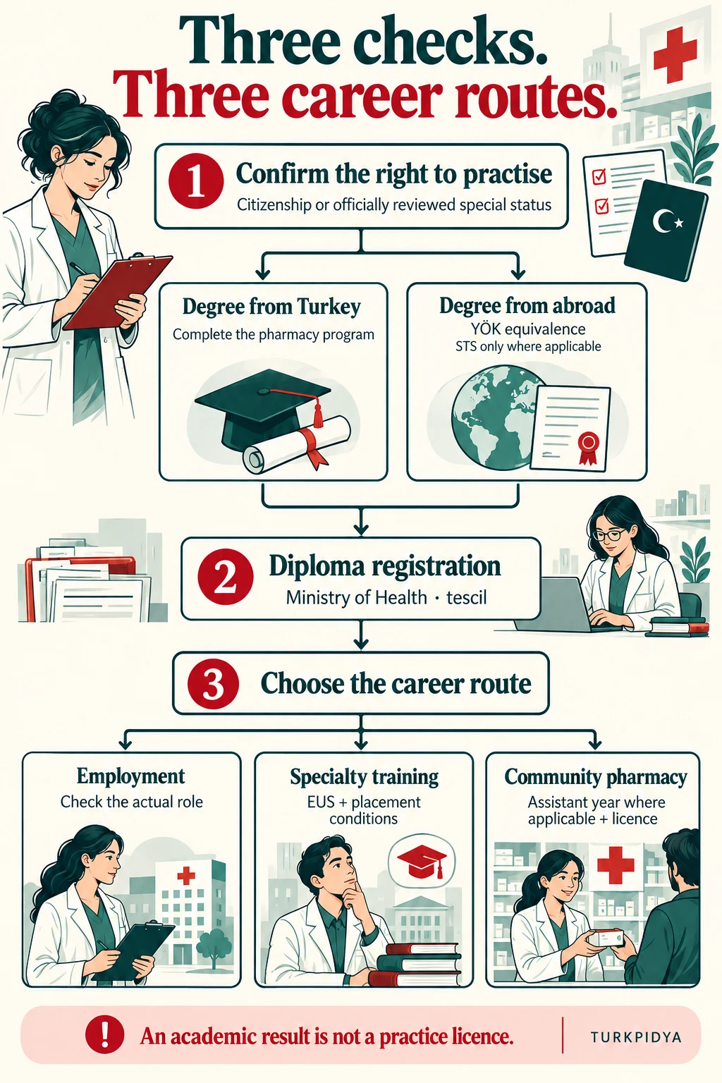 Infographic: confirm the right to practise; choose the Turkish or foreign-degree route; register the diploma; then check employment, EUS or community-pharmacy conditions