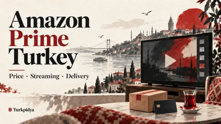 Illustrated Amazon Prime Turkey guide with a television, parcel, plain payment card, Turkish tea and Istanbul skyline.
