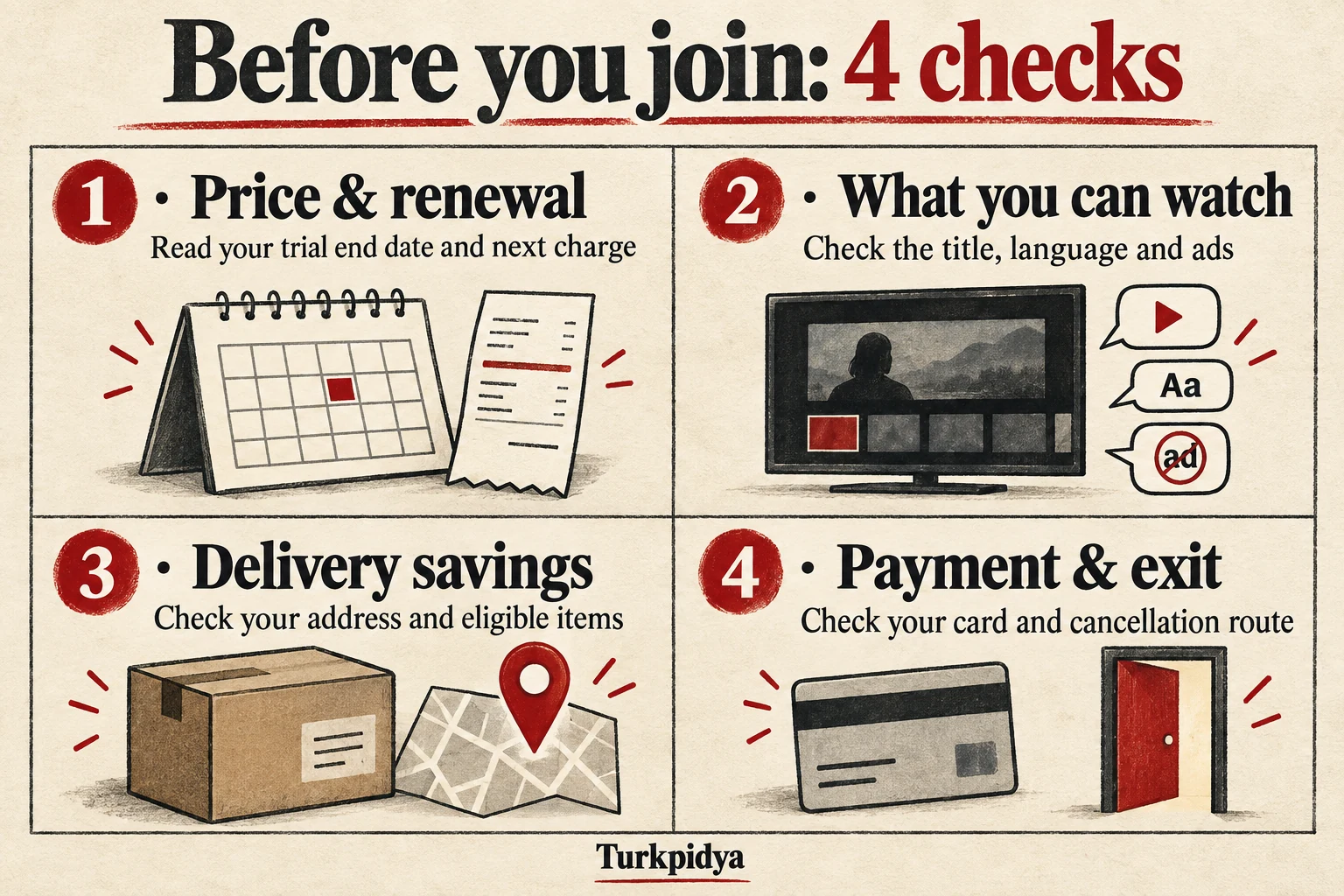 Four checks before joining: price and renewal, titles and language and ads, eligible deliveries, payment and cancellation.