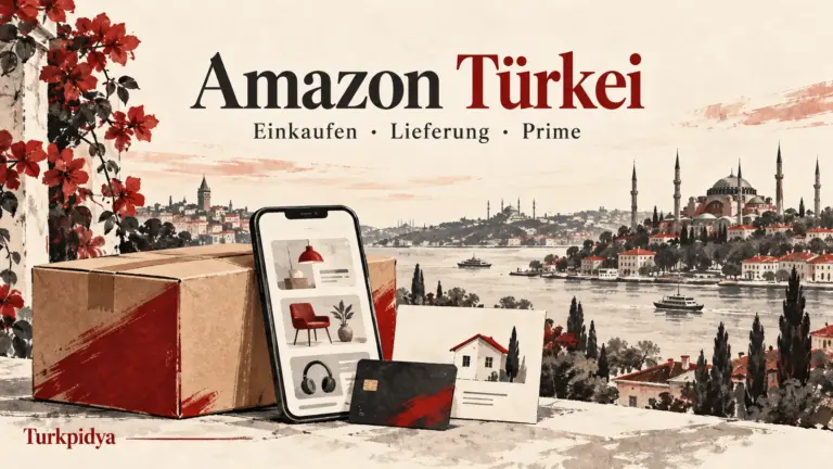 Illustrierter deutscher Turkpidya-Ratgeber zu Amazon Türkei mit Paket, Smartphone und Istanbul-Silhouette.