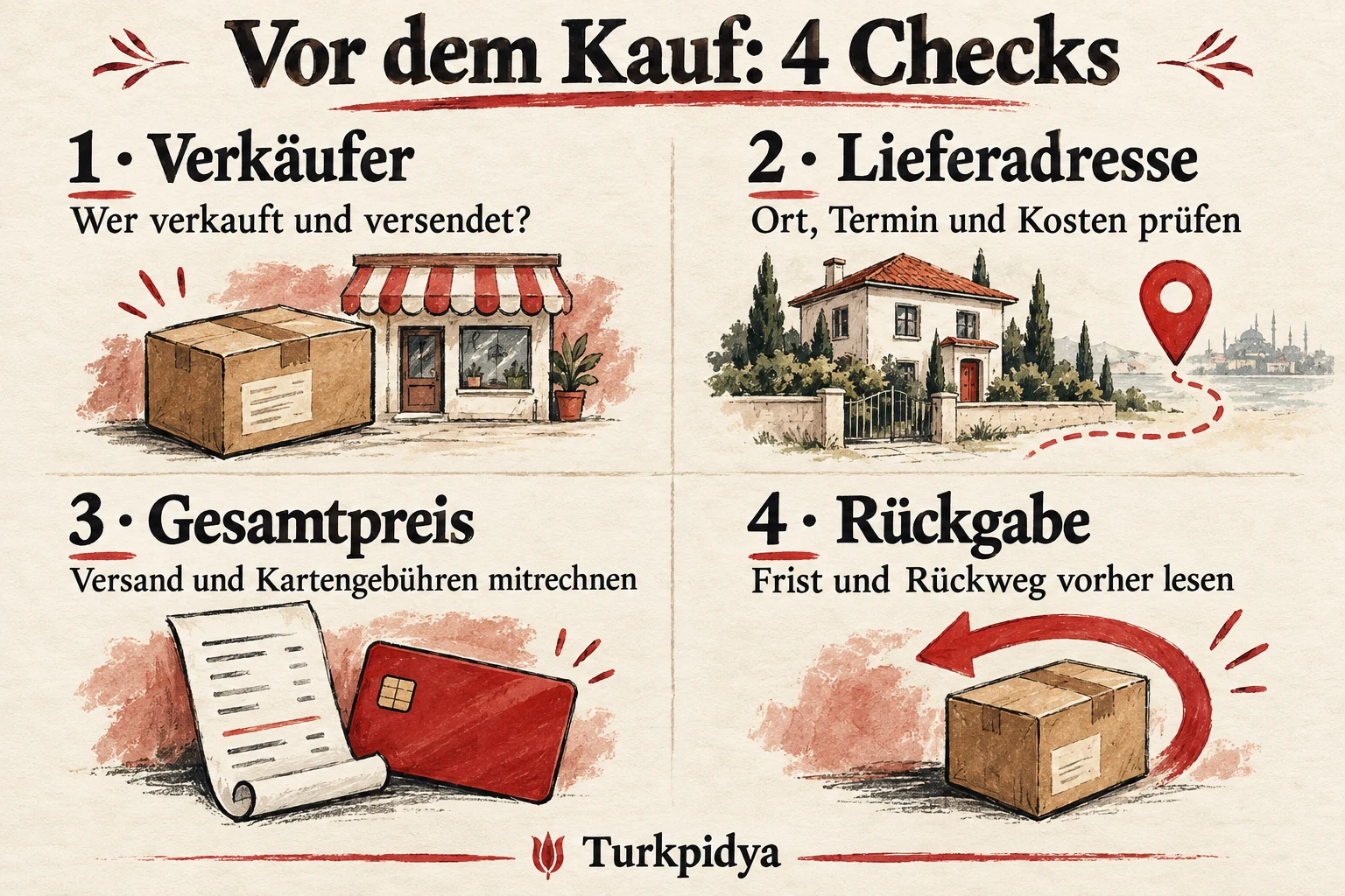 Vier Kontrollen vor dem Kauf: Verkäufer und Versand, Lieferadresse und Termin, Gesamtpreis sowie Rückgabefrist und Rückweg.