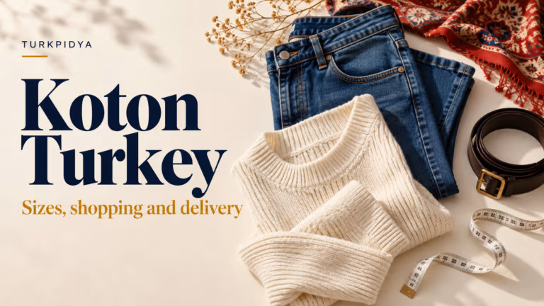 Koton Turkey guide: denim, knitwear, a belt and measuring tape on an ivory background.