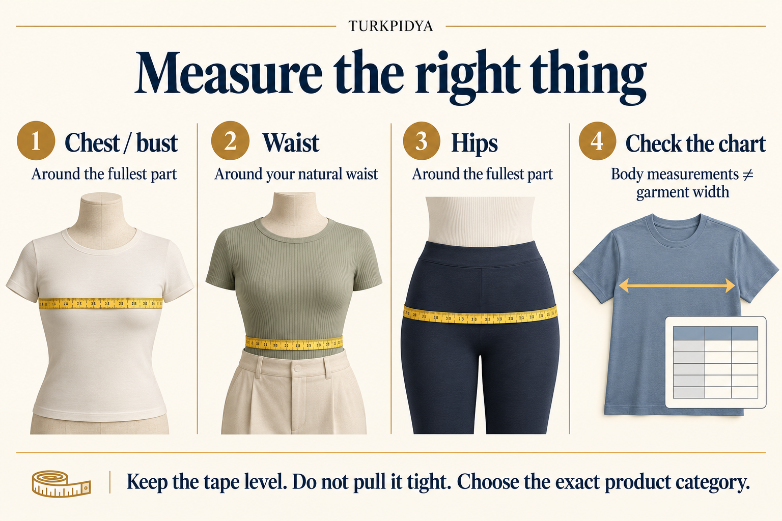 Measure around the fullest chest or bust, natural waist and fullest hips; body circumference differs from flat garment width.