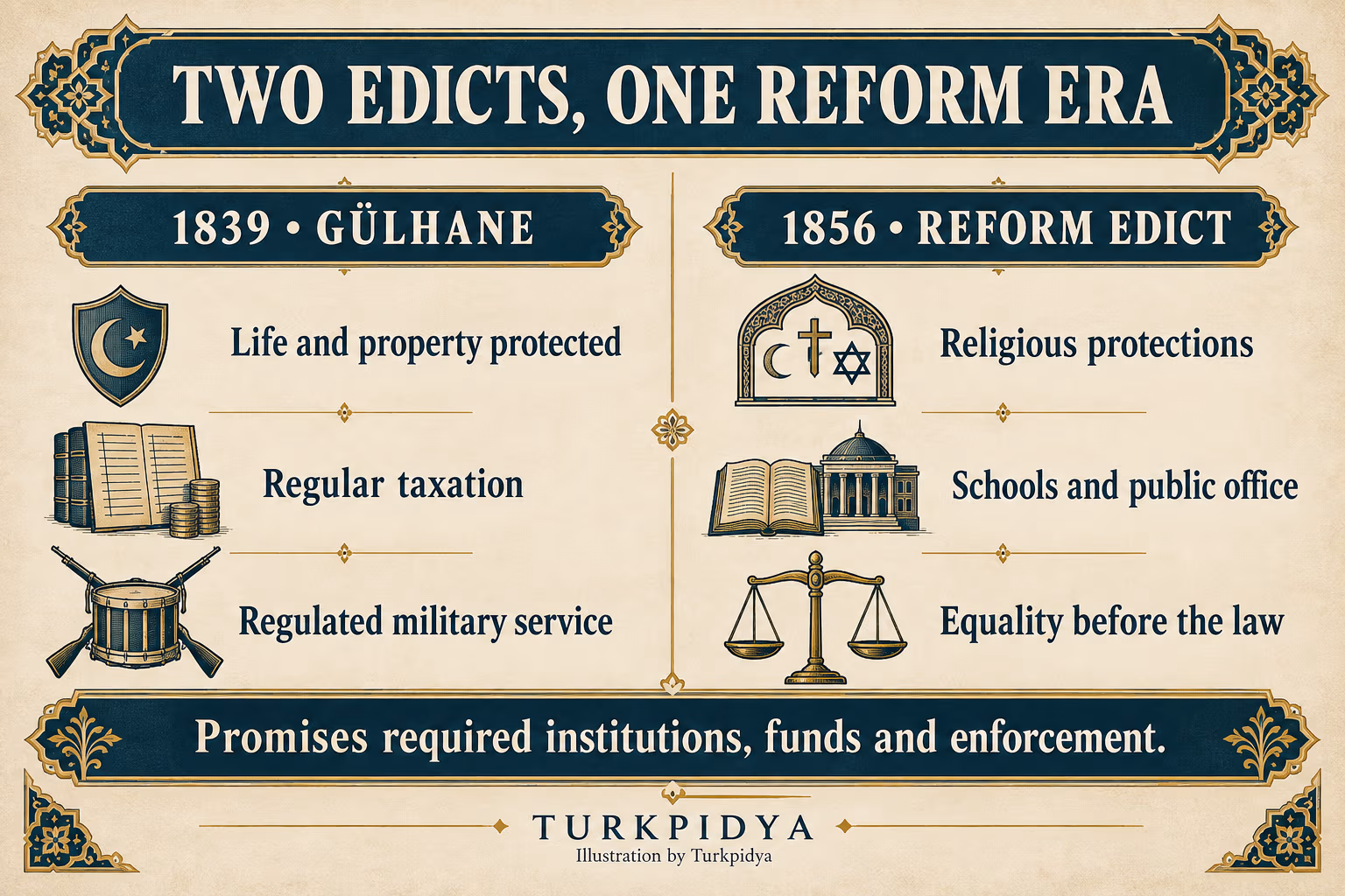The 1839 Gülhane promises and 1856 Reform Edict compared; implementation required institutions, funds and enforcement.