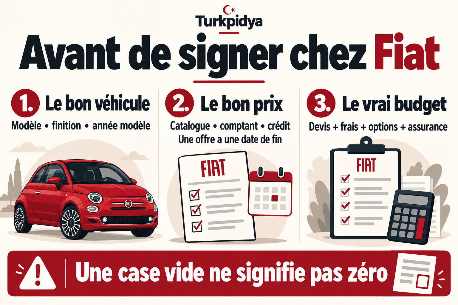 Trois vérifications avant de signer : véhicule exact, base et date du prix, devis avec frais, options et assurance. Une case vide ne signifie pas zéro.