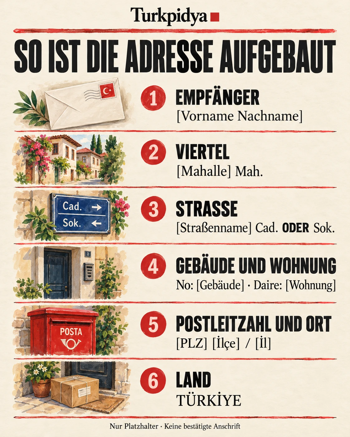 Türkische Adresse in sechs Schritten: Empfänger, Mahalle, Straße mit Cadde oder Sokak, Gebäude und optionale Wohnung, Postleitzahl mit Bezirk und Provinz, Land Türkei