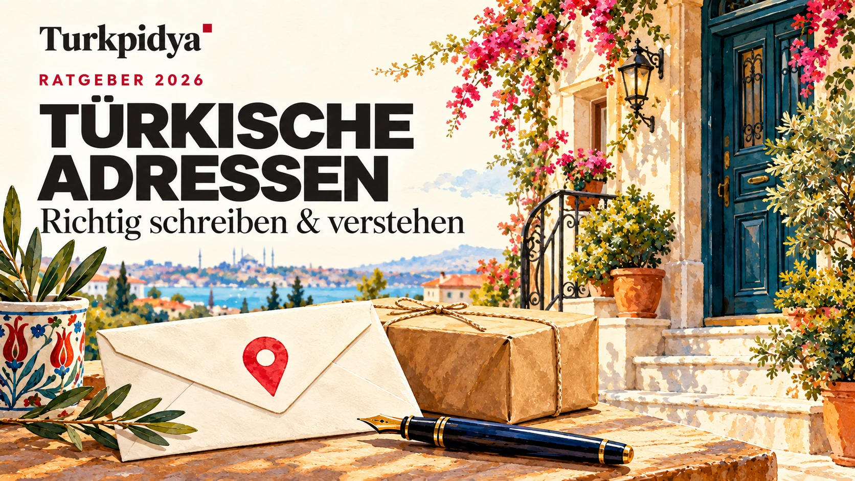 Türkische Adressen: illustrierter Turkpidya-Ratgeber mit Briefumschlag und Paket vor einer Haustür