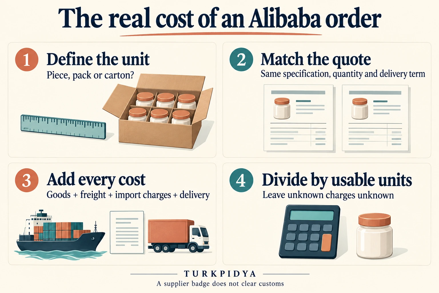 Four-step Alibaba cost comparison: define the piece, pack or carton; match the quote specification and delivery term; add goods, freight, import charges and delivery; divide by usable units while keeping unknown charges unknown.