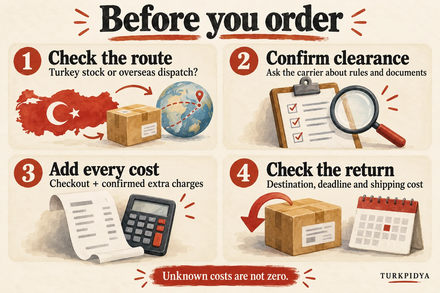 Before ordering: check the shipping route, confirm clearance with the carrier, add all costs, and check return destination, deadline and shipping cost. Unknown costs are not zero.
