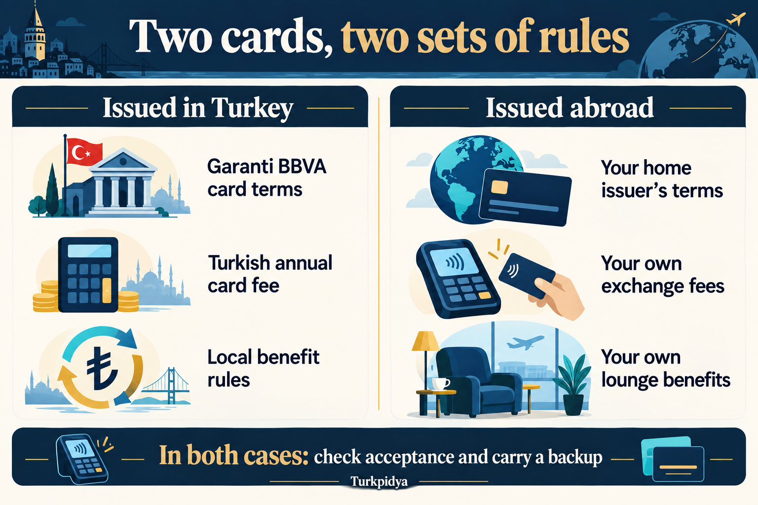 Turkish-issued cards use Garanti terms, Turkish annual fees and local benefits; cards issued abroad use their home issuer’s terms, exchange fees and lounge benefits. Both need acceptance checks and a backup payment method.