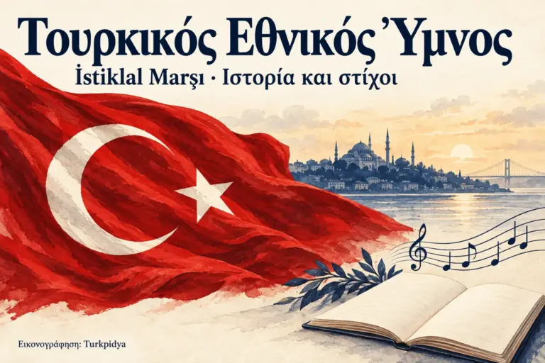 Εικονογράφηση για τον Τουρκικό Εθνικό Ύμνο με σημαία, ανοιχτό βιβλίο και μουσικά σύμβολα