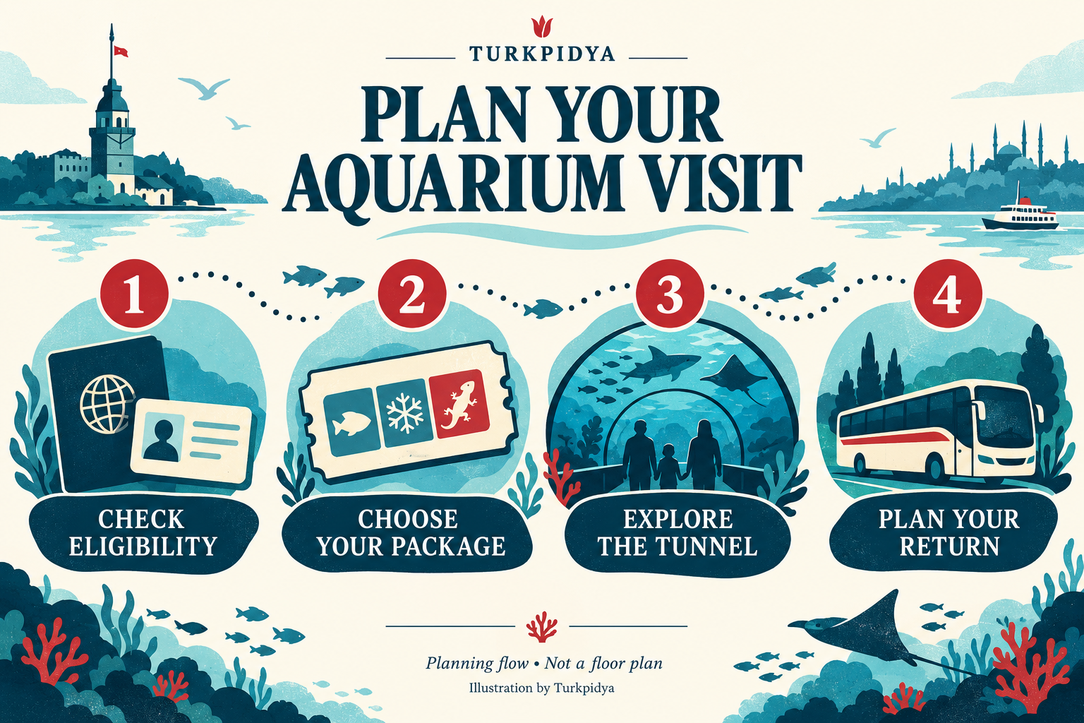 Illustrated planning flow: check eligibility, choose a package, explore the tunnel and plan your return; not a floor plan