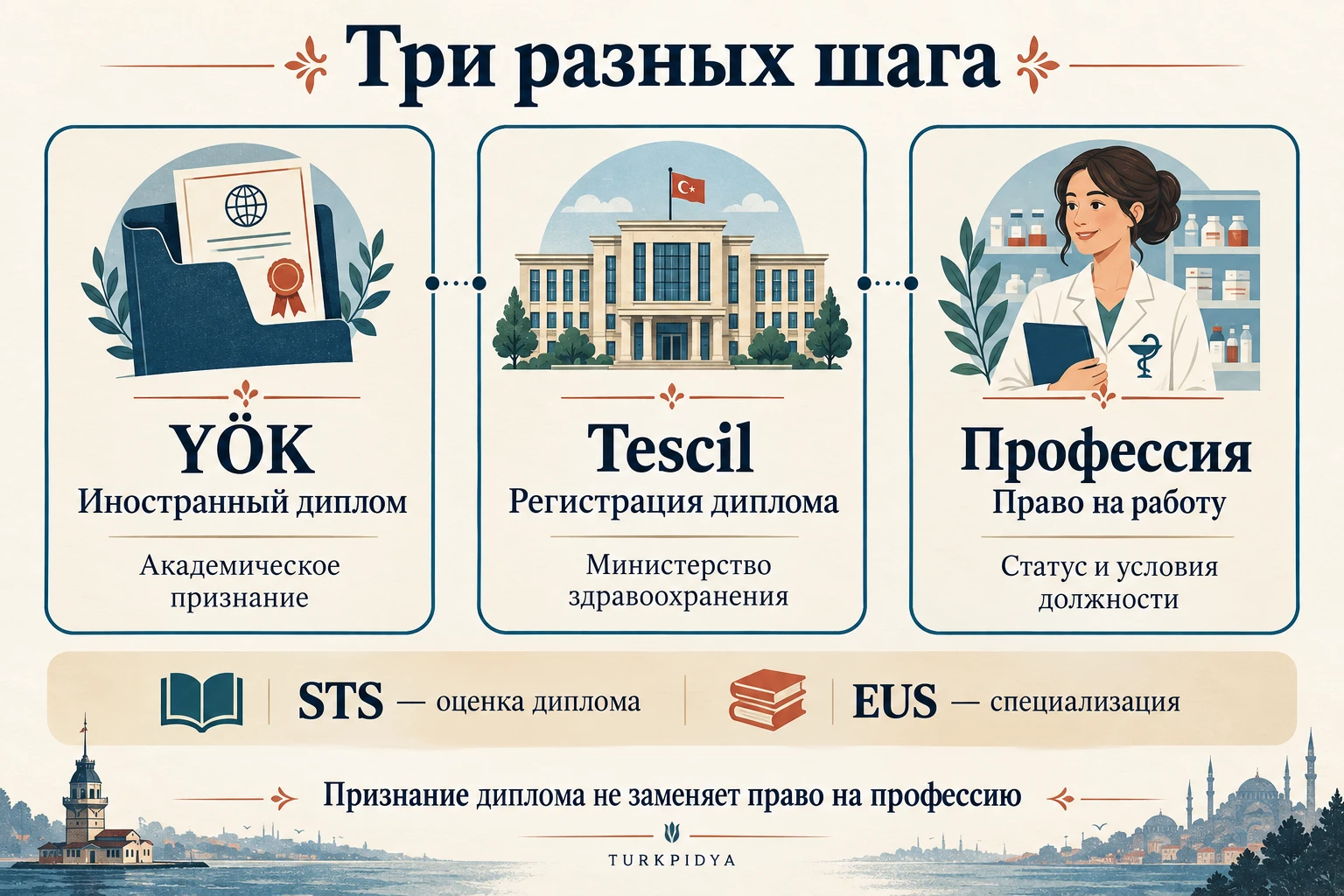 Различия между признанием иностранного диплома Y&Ouml;K, регистрацией tescil и правом на профессию; STS оценивает диплом, EUS ведет к специализации