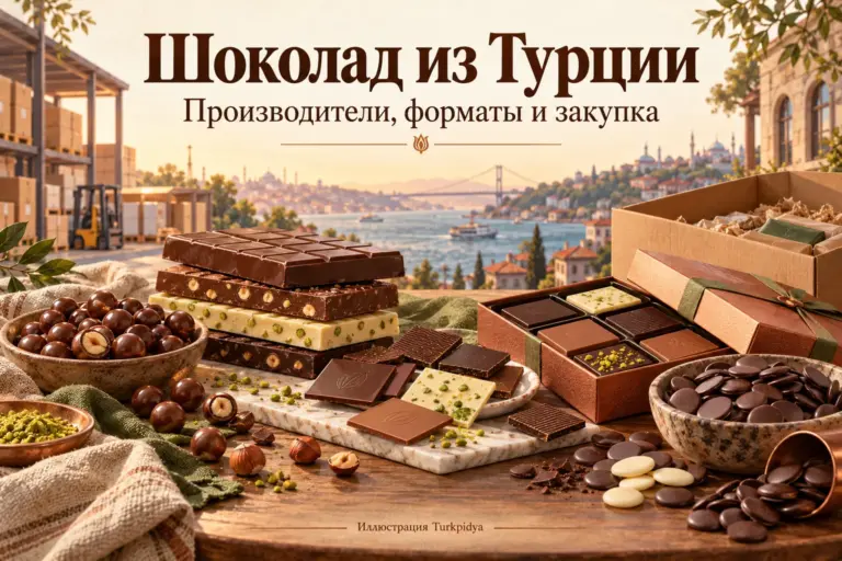 Иллюстрация: образцы шоколада, подарочная упаковка и коробка для поставки из Турции