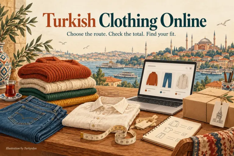 Illustrated Turkish clothing shopping desk with garments, a parcel and a tape measure
