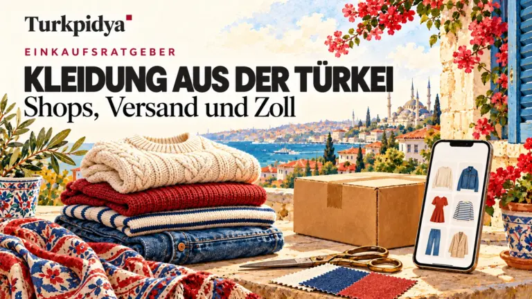 Illustration mit türkischer Mode, Paket und Smartphone vor einer gemalten Istanbul-Kulisse