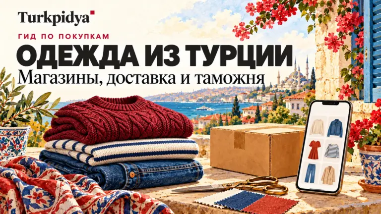 Одежда из Турции: магазины, доставка и таможня; иллюстрация с трикотажем, посылкой и телефоном