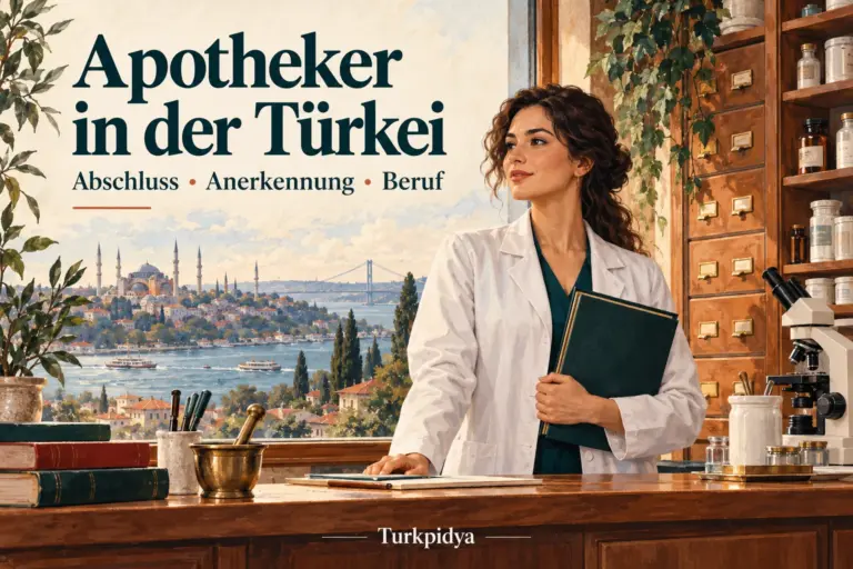 Illustration einer Apothekerin mit Diplommappe an einem Apothekentresen vor einer Istanbuler Stadtkulisse