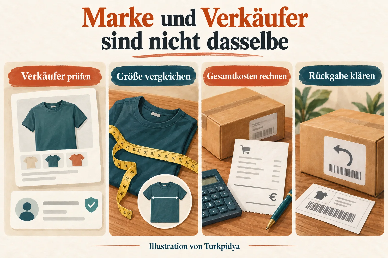 Vier Schritte vor dem Kauf: Verk&auml;ufer pr&uuml;fen, Gr&ouml;&szlig;e vergleichen, Gesamtpreis sehen und Retoure richtig senden
