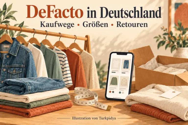Illustration zu DeFacto in Deutschland mit Kleidung, Maßband und Einkaufshilfe