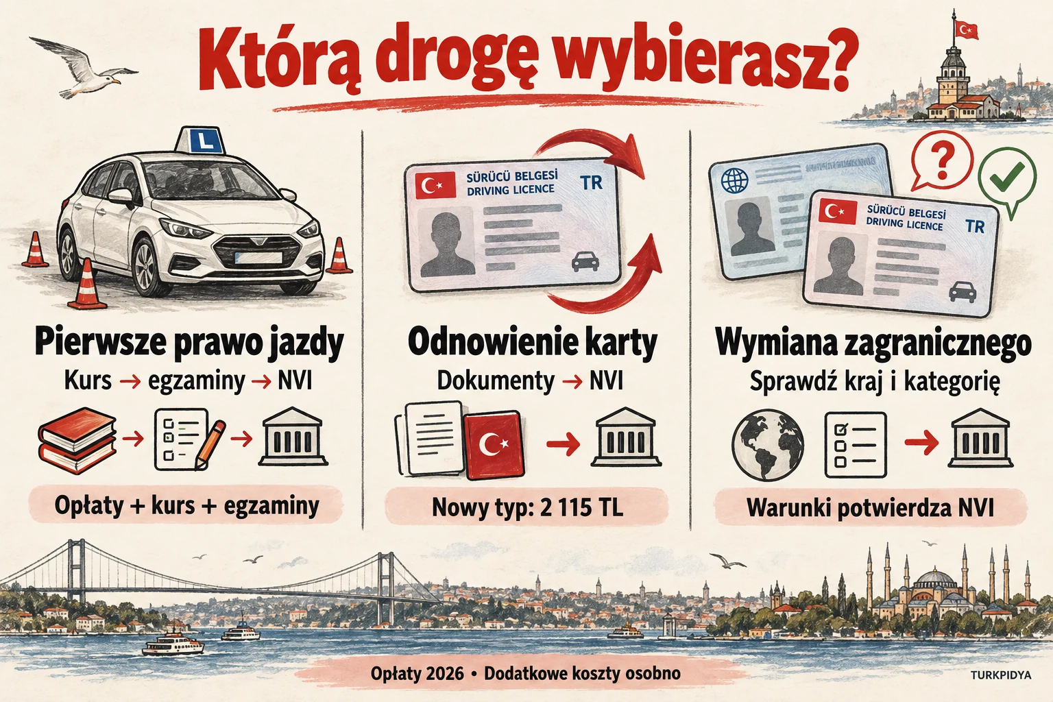 Trzy drogi: pierwsze prawo jazdy przez kurs i egzaminy, odnowienie nowej karty za 2 115 TL oraz wymiana zagranicznego dokumentu po ocenie NVI
