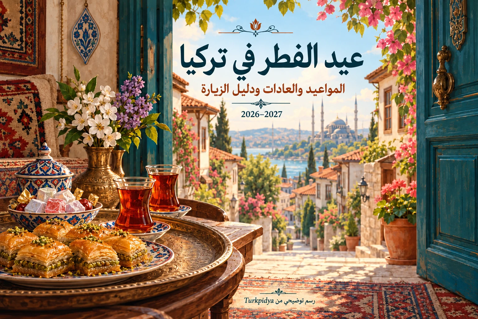 رسم لباب تركي مفتوح مع الشاي والحلوى، بعنوان عيد الفطر في تركيا