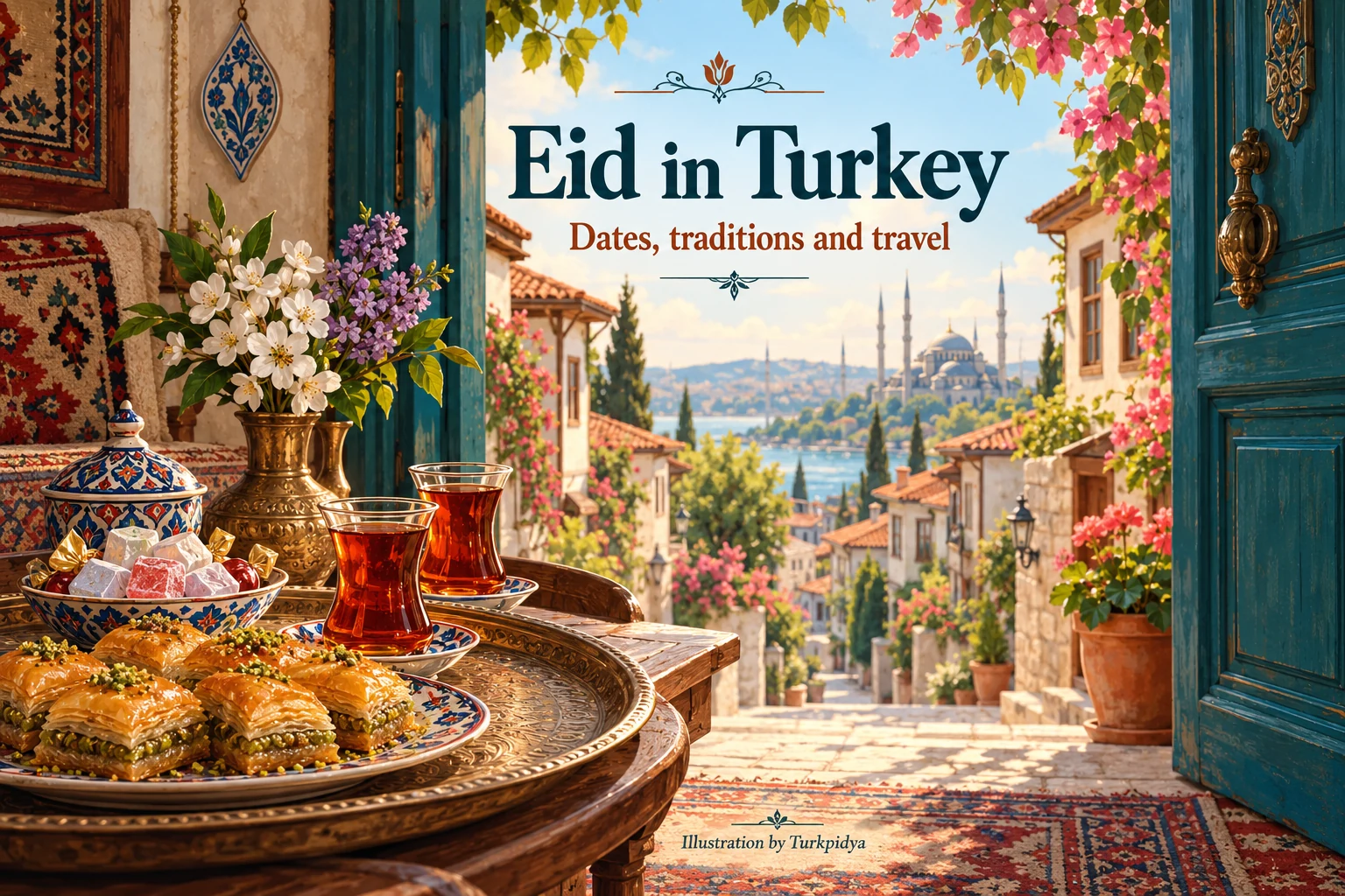 Illustrated Turkish doorway with tea and sweets