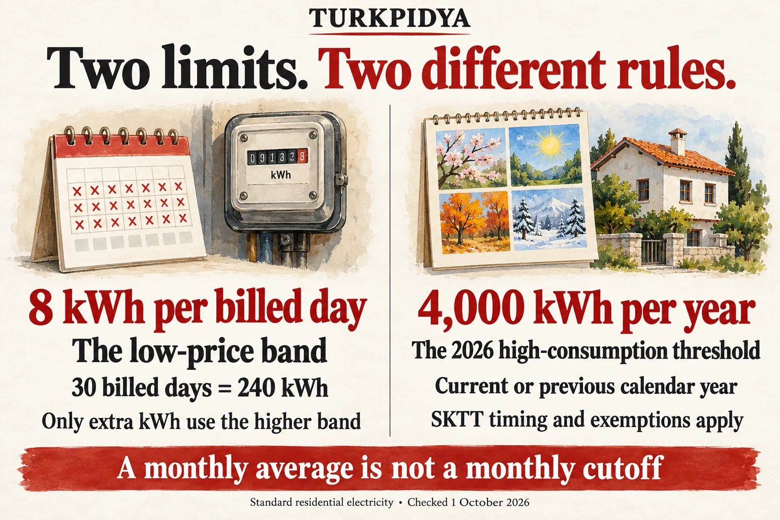 Two different electricity rules: 8 kWh per billed day for the low-price band, and the 2026 high-consumption threshold of 4,000 kWh per calendar year.
