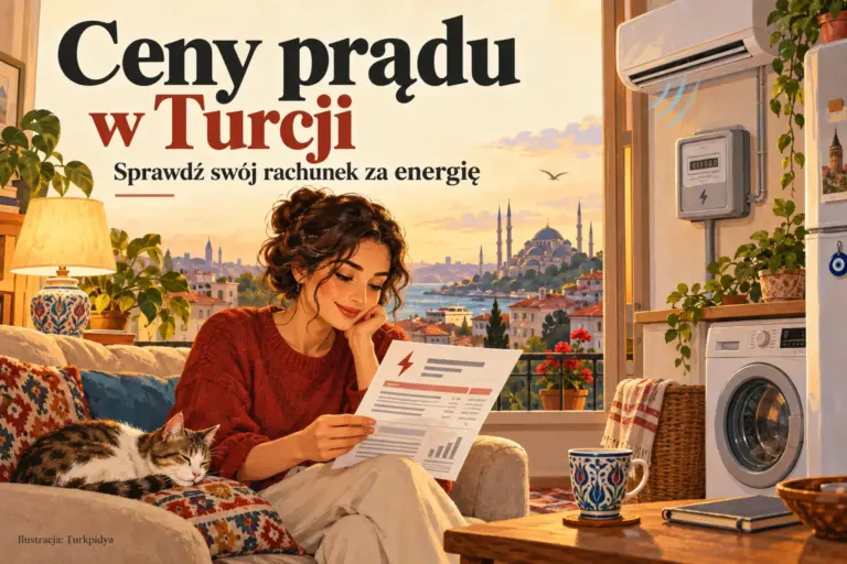 Kobieta sprawdza rachunek za prąd w mieszkaniu z widokiem na Stambuł, obok licznika i domowych urządzeń. Ilustracja Turkpidya.