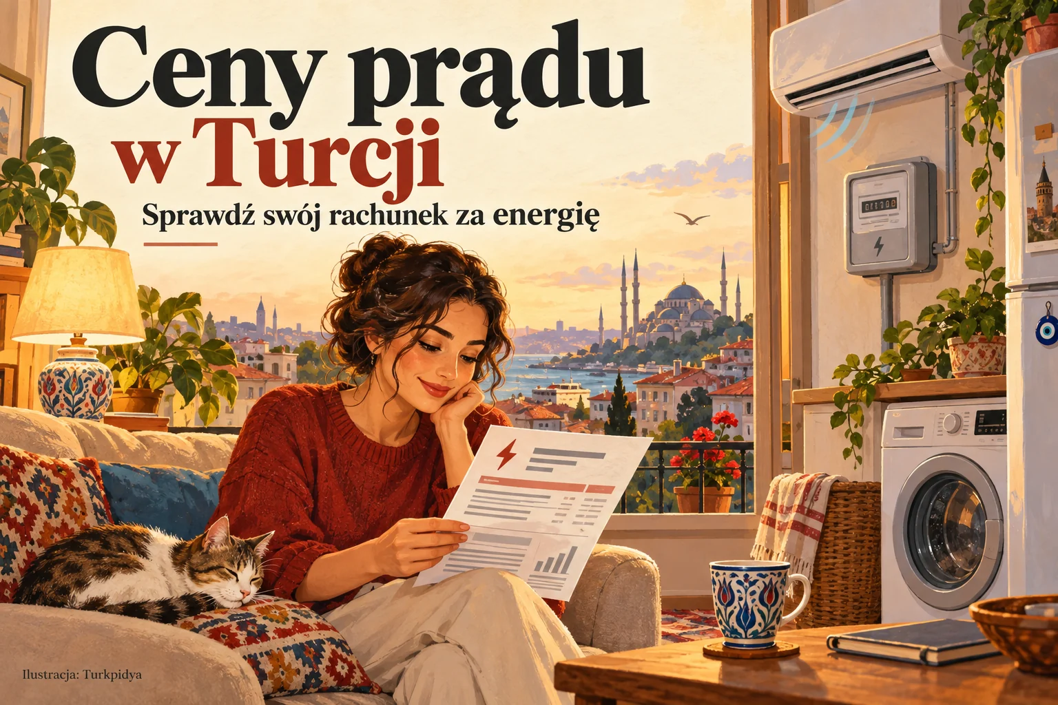 Ceny prądu w Turcji: kobieta sprawdza rachunek w mieszkaniu z widokiem na Stambuł, obok licznika i domowych urządzeń.
