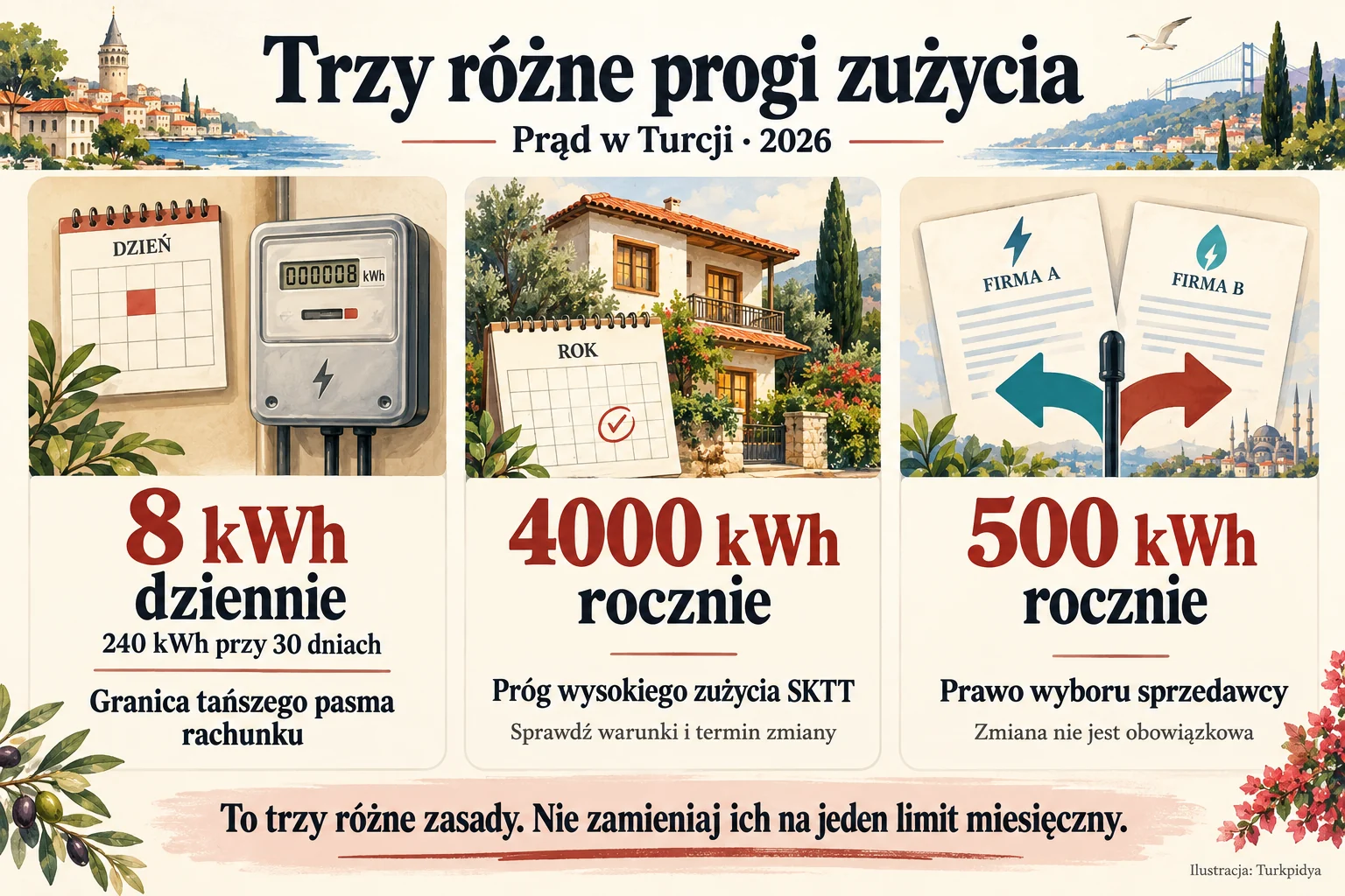 Trzy różne progi: 8 kWh na dzień rozliczenia, 4000 kWh rocznie dla SKTT w 2026 r. i 500 kWh rocznie dla prawa wyboru sprzedawcy.