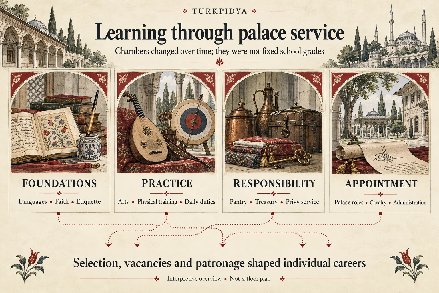 Four connected themes: foundations in languages, faith and etiquette; practice in arts, physical training and duties; responsibility in pantry, treasury and privy service; appointments in palace, cavalry or administration.