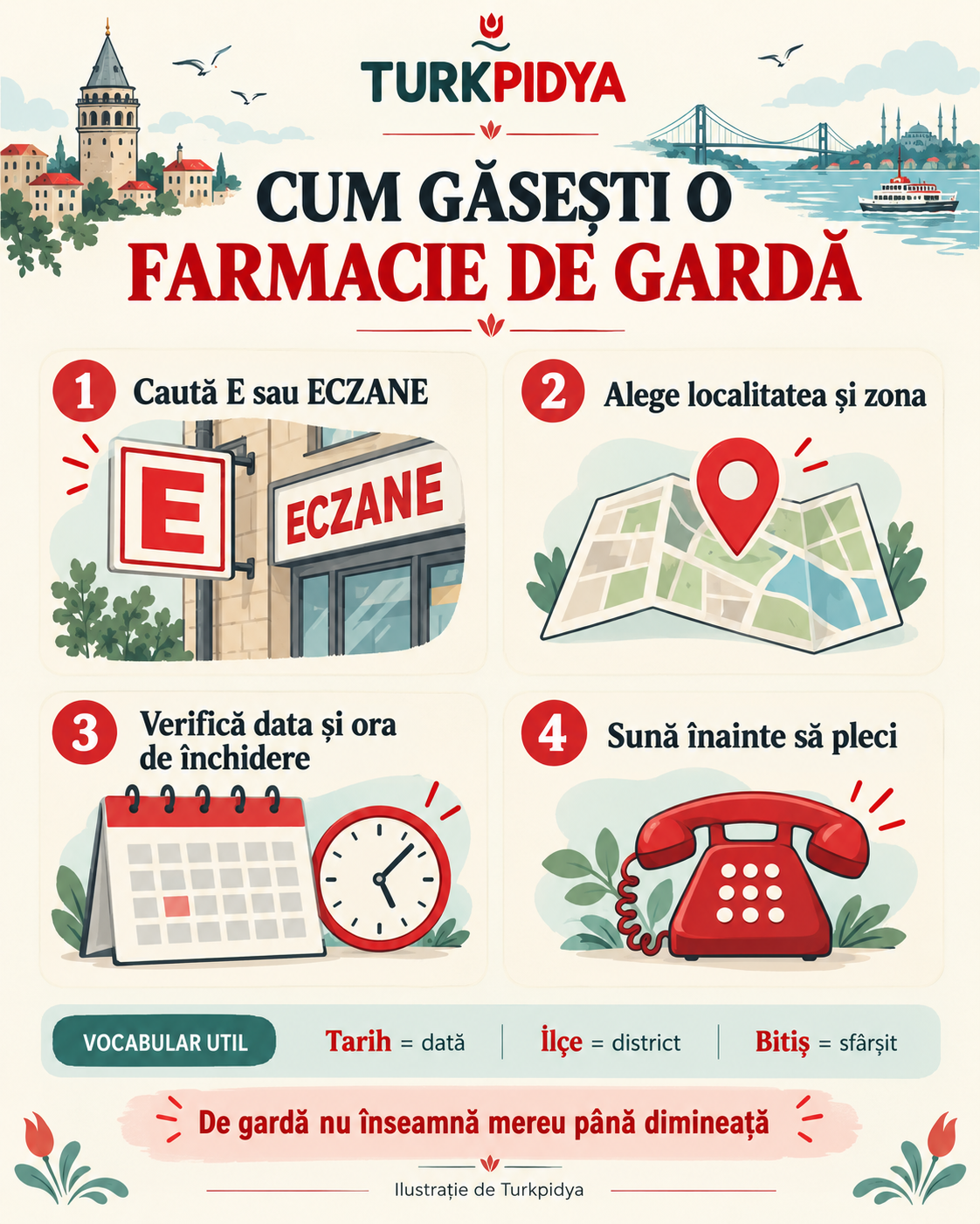 Patru pași pentru a găsi o farmacie de gardă: caută E sau ECZANE, alege localitatea, verifică data și ora de &icirc;nchidere, apoi sună
