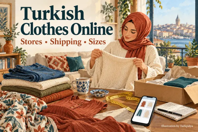 A shopper checks Turkish clothing online beside a window overlooking Istanbul.