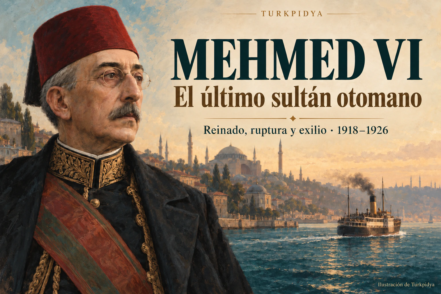 Mehmed VI, último sultán otomano, ante una vista ilustrada de Estambul.