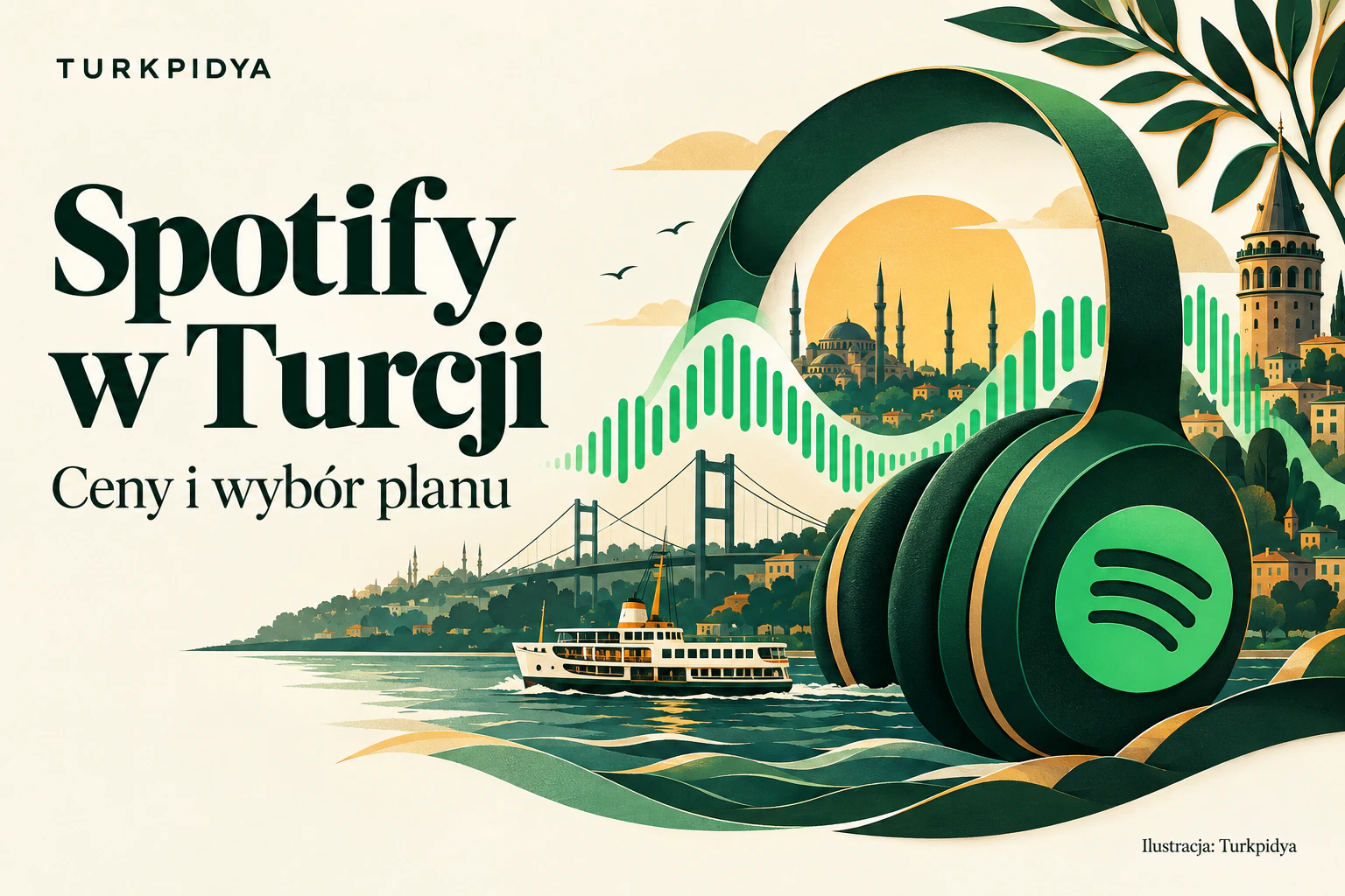 Spotify w Turcji: ceny i wybór planu. Ilustracja Turkpidya ze słuchawkami, promem i panoramą Stambułu.
