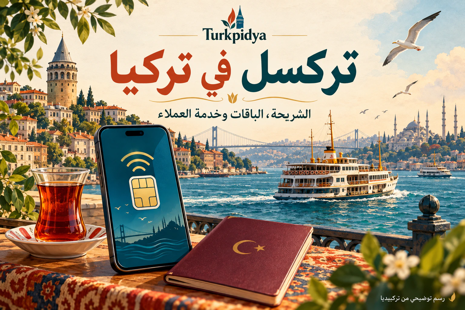دليل تركسل في تركيا مع هاتف وشريحة رقمية وعبّارة في البوسفور وكوب شاي