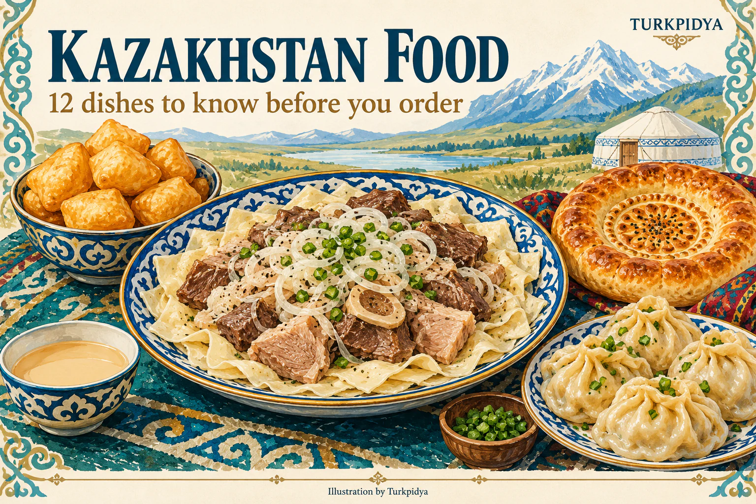 Illustrated Kazakh table with beshbarmak, baursak, tandyr nan and manti.