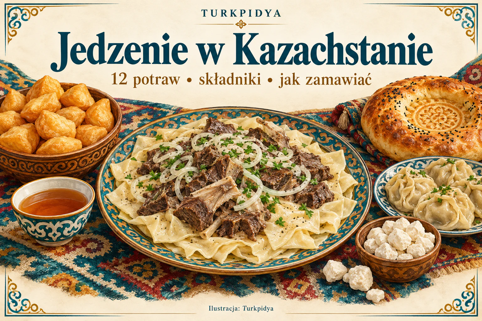 Ilustrowany stół z beszbarmakiem, baursakami, chlebem tandyr nan, manti i kurtem.