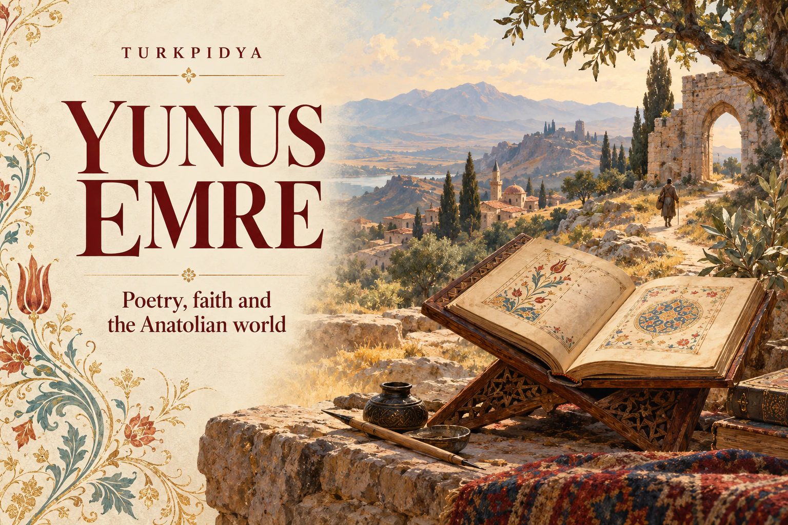 Turkpidya cover for Yunus Emre, with an open book, a winding path and Anatolian hills.