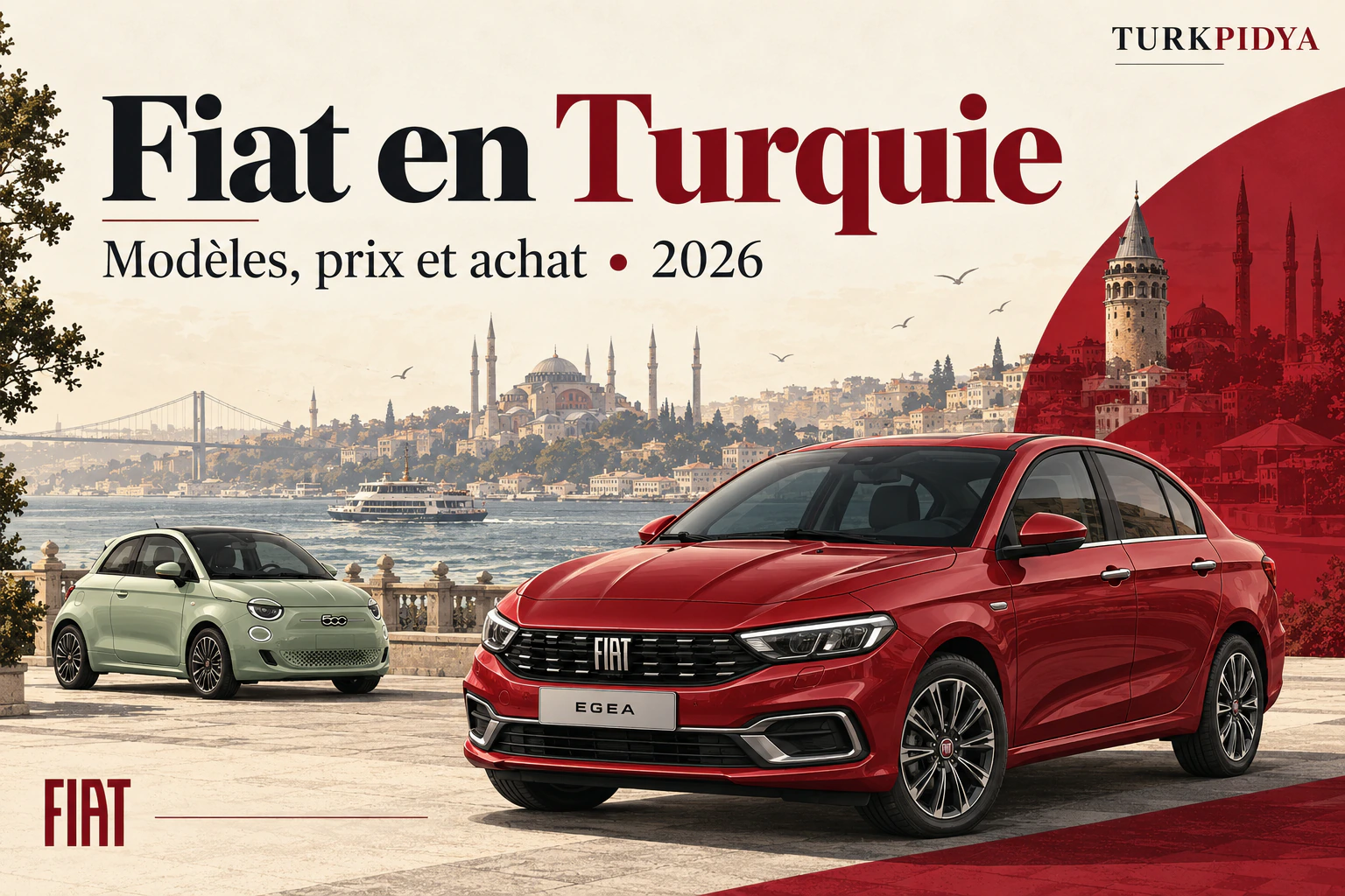 Couverture française Turkpidya : Fiat en Turquie, modèles, prix et achat en 2026, avec des voitures illustrées devant Istanbul.