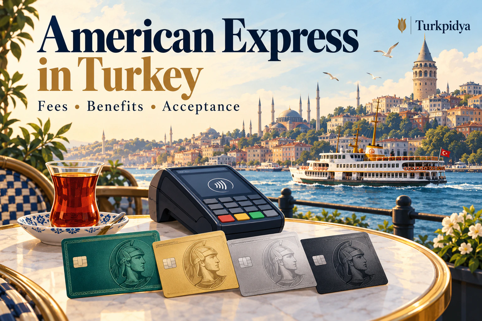 Illustrated American Express cards and a payment terminal beside the Bosphorus in Istanbul