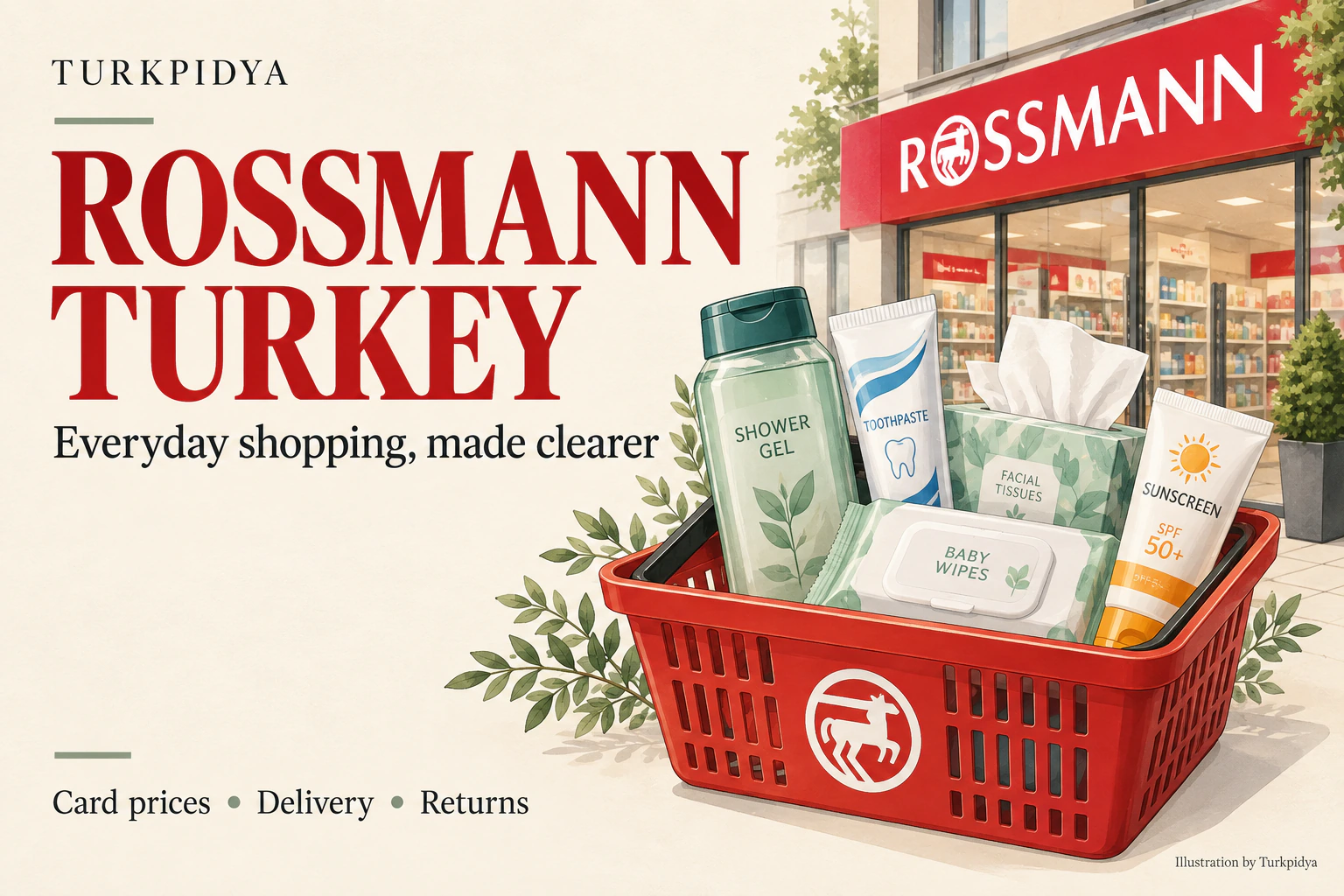 Rossmann Turkey shopping guide with an illustrated basket of everyday toiletries