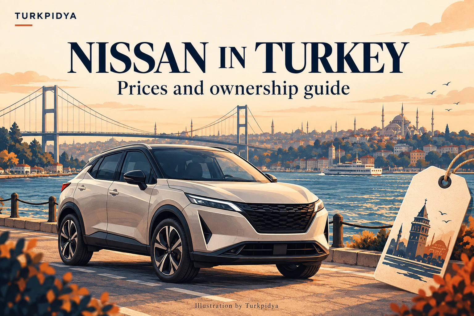 Turkpidya illustration of a crossover beside the Bosphorus, titled Nissan in Turkey: Prices and ownership guide.