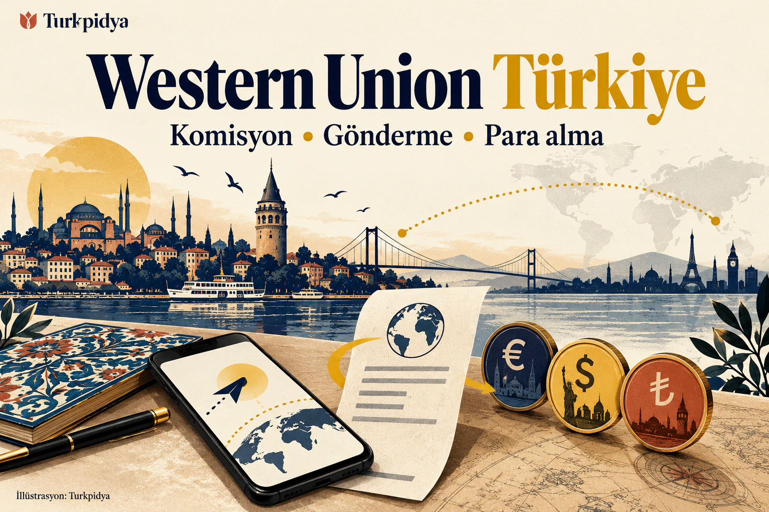 Turkpidya Western Union Türkiye rehberinin illüstrasyon kapağı.