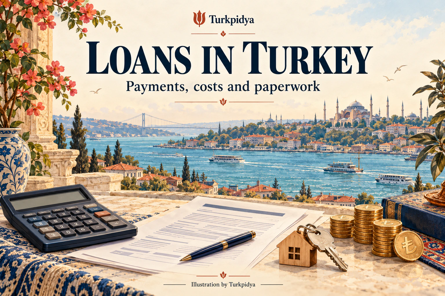 Turkpidya illustration of a calculator, loan document and house keys overlooking Istanbul.
