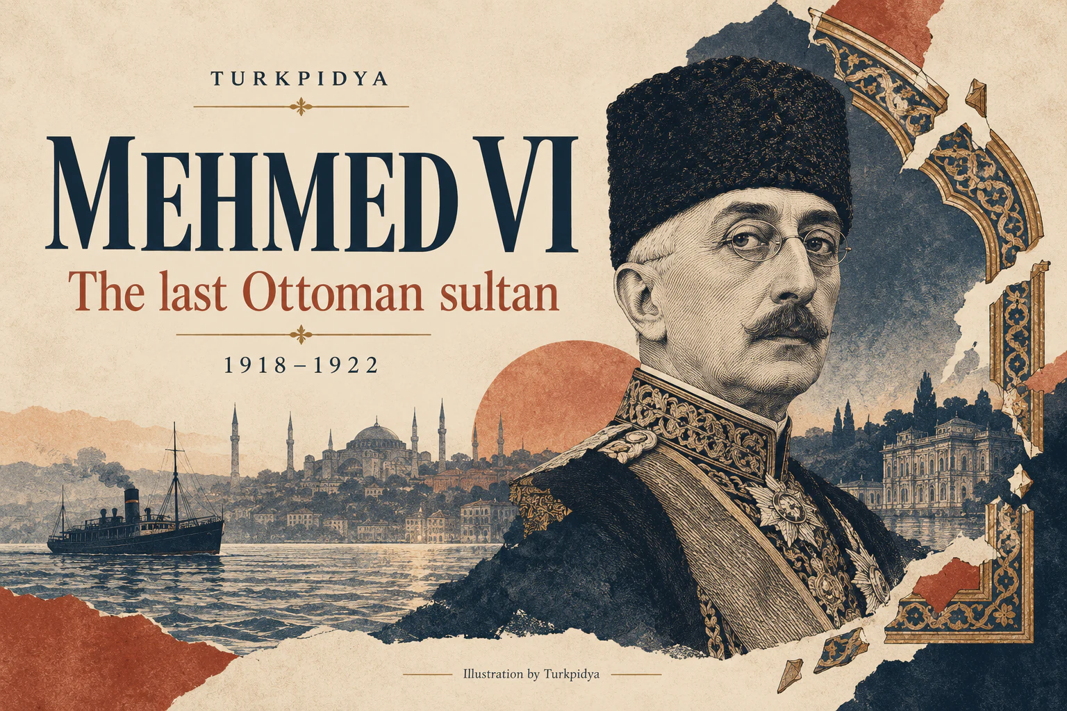 Illustrated portrait of Mehmed VI, the last Ottoman sultan, with English title and the dates 1918–1922