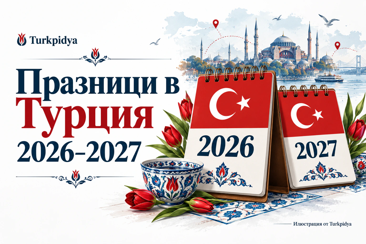 Празници в Турция 2026–2027: два календара с турското знаме и силует на Истанбул