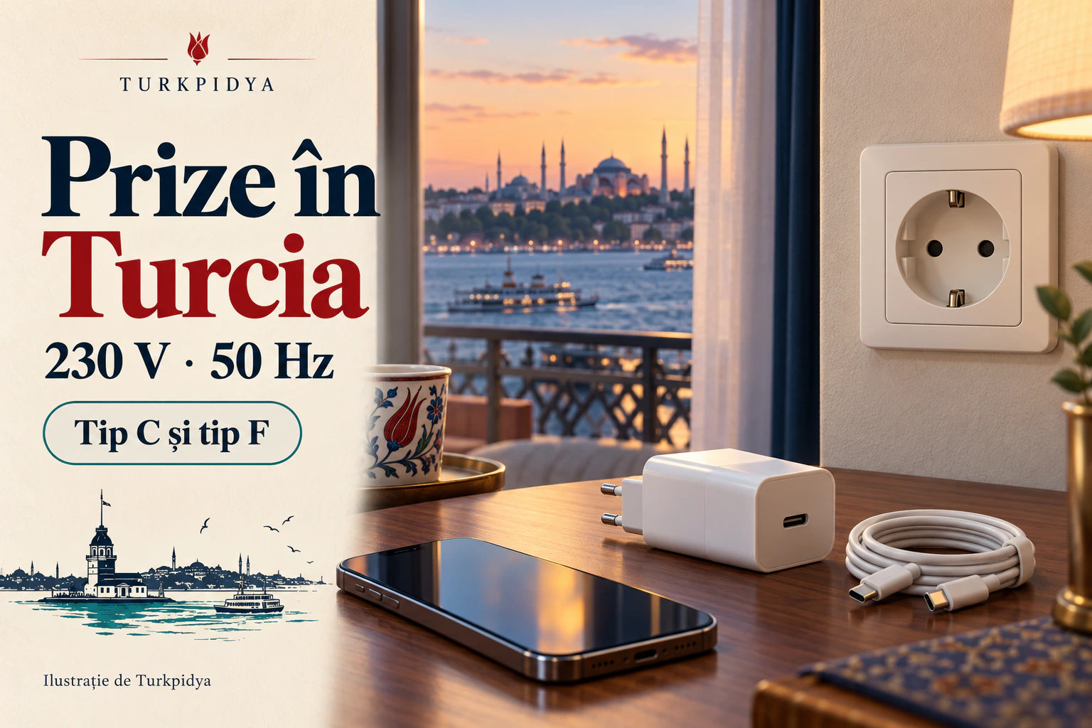Prize în Turcia: 230 V, 50 Hz și tipurile C și F, cu încărcător și priză Schuko ilustrate